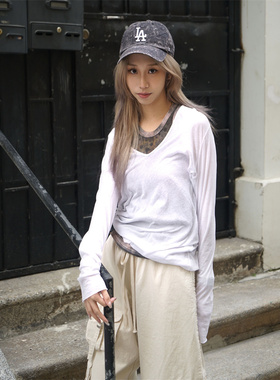 MACQNF正品2024春新款时尚宽松休闲百搭V领长袖打底T恤女MQ21985