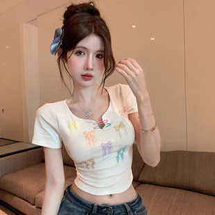 多巴胺蝴蝶结正肩短袖 t恤女夏季 纯欲甜美辣妹短款 卡腰小上衣短袖