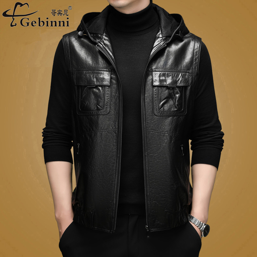 海宁头层牛皮真皮马甲男连帽商务休闲背心高端时尚爸爸装潮流外套