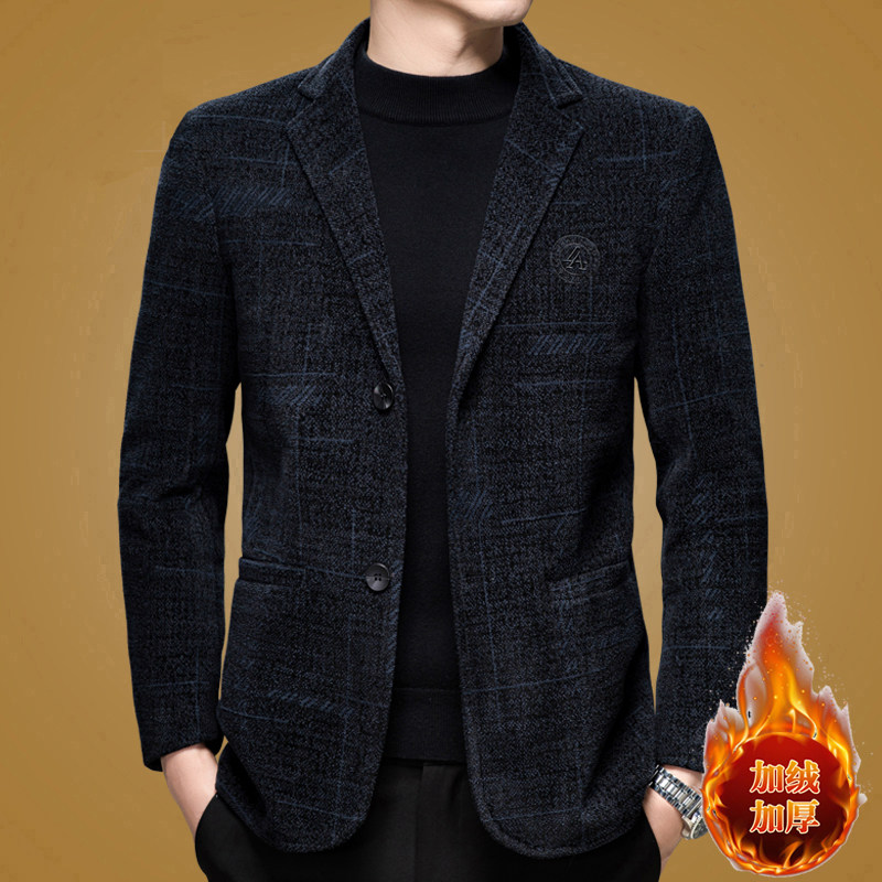 2025冬季加绒精品中老年男士高档雪尼尔西服加厚保暖爸爸西服外套