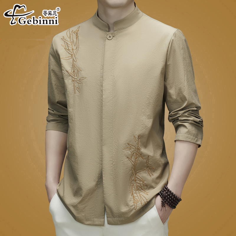 夏季新中式长袖衬衫男立领唐装