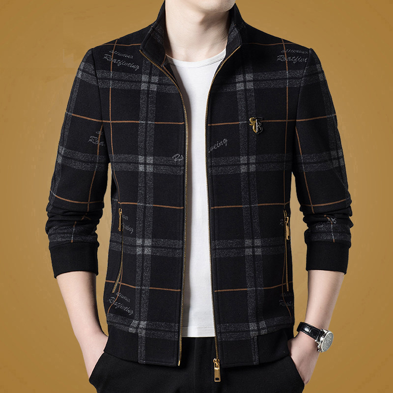 2025高品质秋冬款爸爸装毛呢夹克中年立领时尚加厚格子休闲外套潮