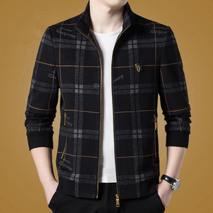 2025高品质秋冬款爸爸装毛呢夹克中年立领时尚加厚格子休闲外套潮