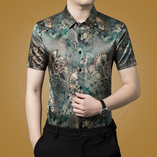 真丝夏季正品桑蚕丝短袖衬衫高端新款男士重磅绸缎顺滑凉爽上衣服