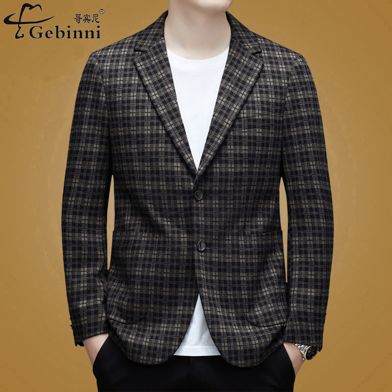 2025高端针织便西男士中年爸爸装弹力西服单西格子商务休闲外套