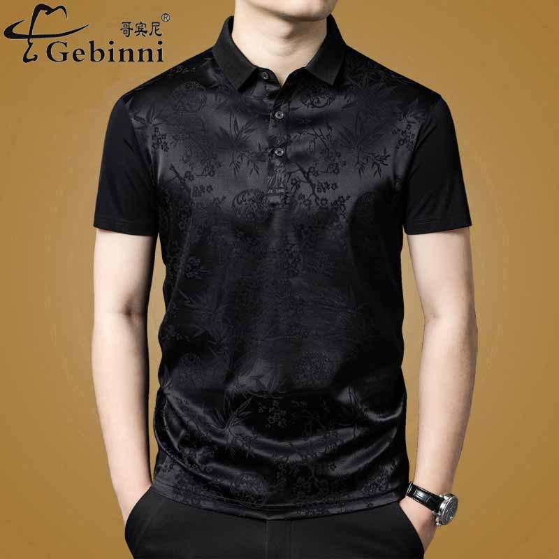 真丝桑蚕丝拼接短袖t恤男夏时尚潮流高级感新中式国风翻领polo