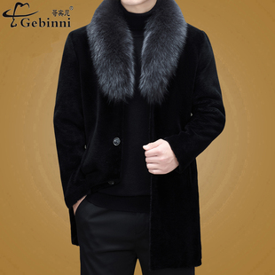 爸爸装冬季高端狐狸毛领中长款大衣男士加厚100%羊毛鸭绒内胆皮草