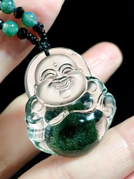 精品天然绿幽灵水晶弥勒佛吊坠正品高品质天然水晶佛挂件假一赔十