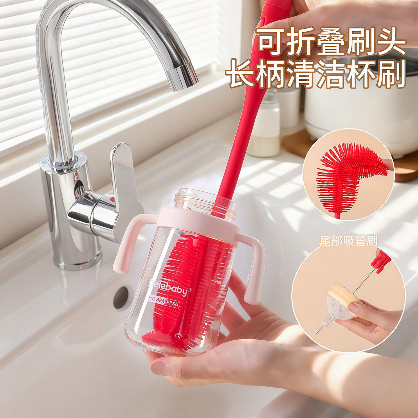 家用二合一长柄可壁挂杯吸管刷