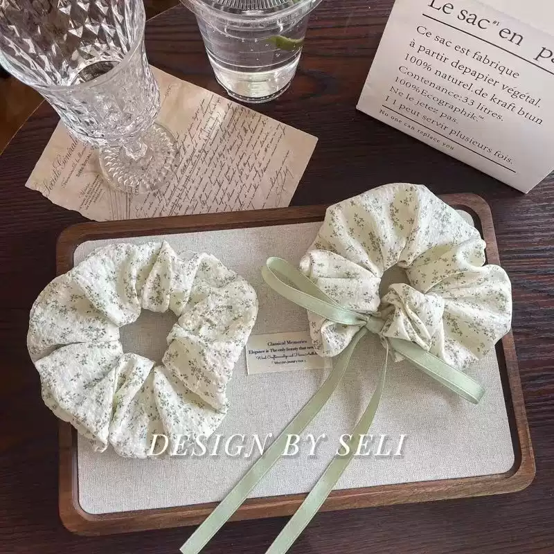 春夏豆沙绿色清新碎花大肠发圈