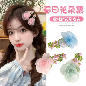 超仙甜美粉色网纱花朵刘海BB夹