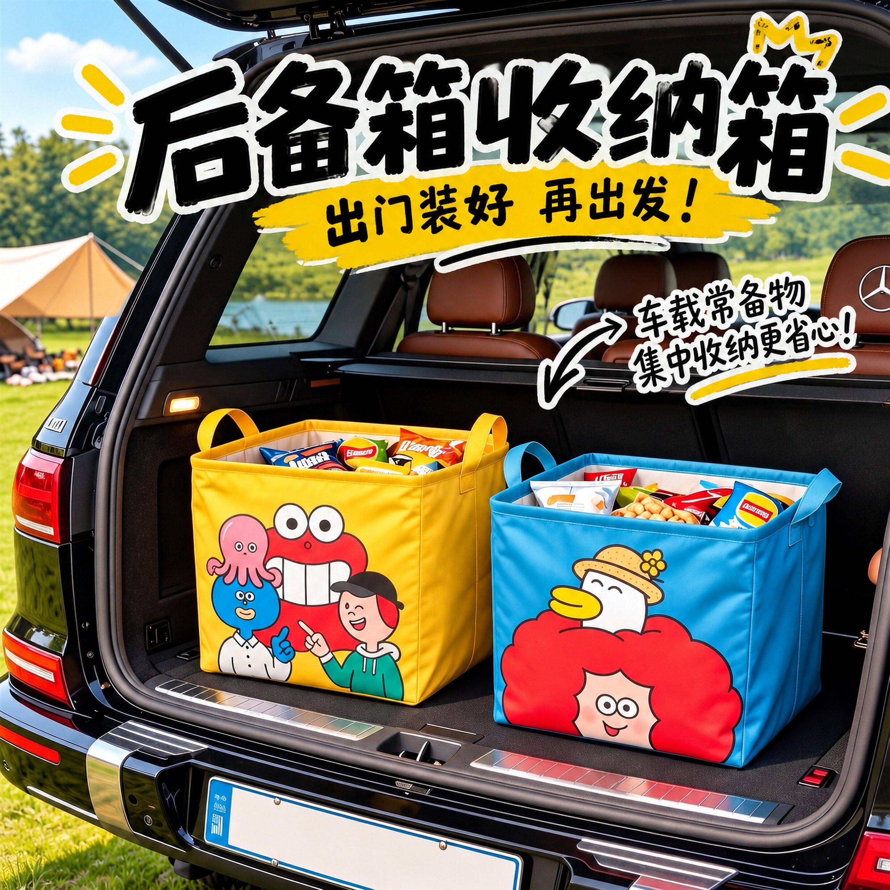 车载后备箱收纳箱防水折叠收纳筐大容量卡通整理箱女生车用神器