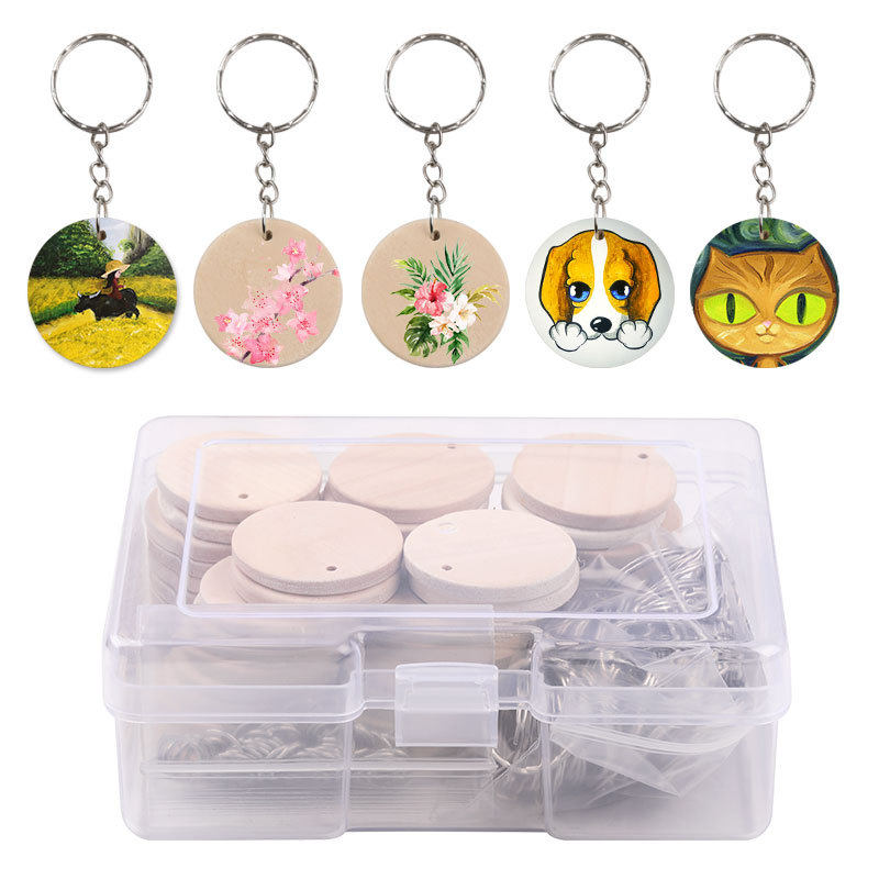 CHILDRENS HANDMADE DIY PAINTED WOOD SIGNAGE KEYCHAIN ACCESSORIES BOXED ROUND WOOD CHIP KEYRING HAND-PAINTED GOO CARD PENDANT