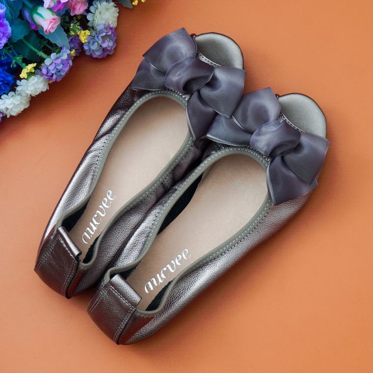 Single shoes, leather low heels, flat shoes, scoop shoes, bow egg