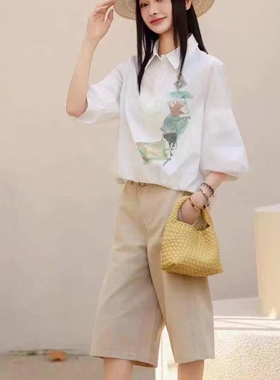 86017 韩版艺术印花灯笼袖衬衫女2026春新款宽松显瘦设计百搭上衣