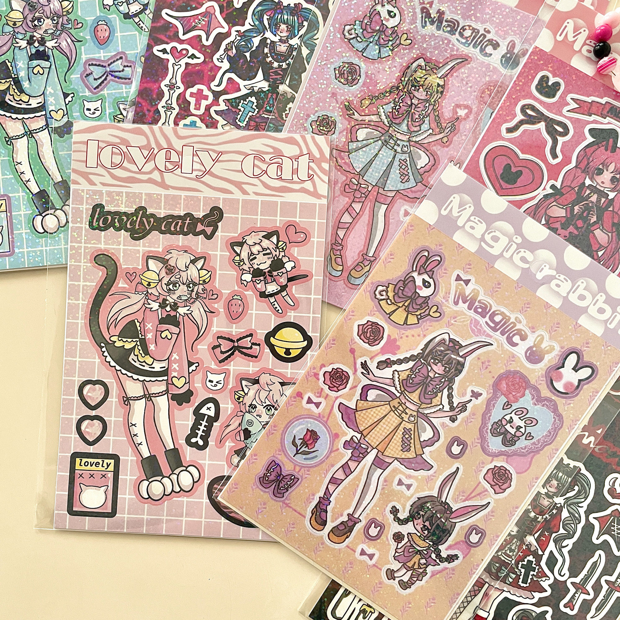 甜亚风~国产原创q版兔女郎镭射人物贴纸diy手帐咕本拼贴装饰素材