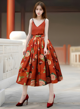猫布制造原创新中式橙色伞裙显瘦中长款半身裙a字高腰复古蓬蓬裙