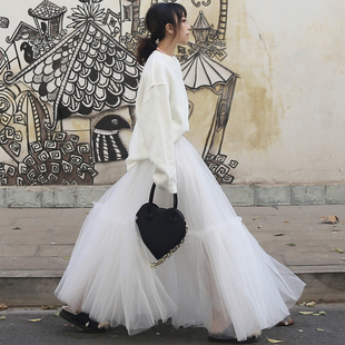 猫布制造超仙网纱半身裙设计感小众仙女裙2025秋冬新法式 白色长裙