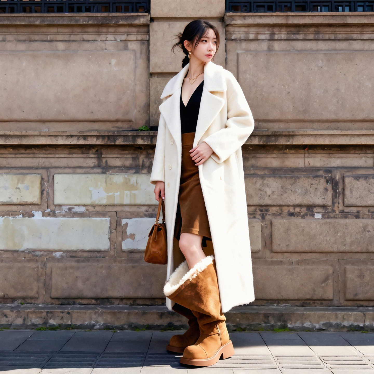 轻奢简约风白色羊毛大衣女长款双排扣西装领高级感羊毛呢外套冬新