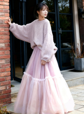 猫布制造粉紫色超仙网纱半身裙温柔风轻奢高级感公主裙长裙2025新