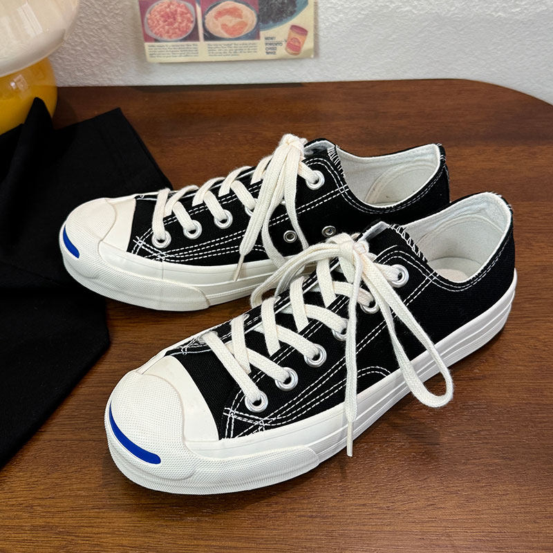 开口笑低帮黑色百搭休闲款时尚青春潮流款平底透气男女同款帆布鞋,流行男鞋,帆布鞋,淘宝优惠券,粉丝福利购,淘宝优惠卷