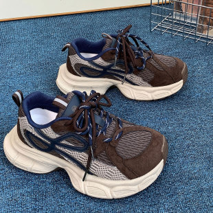 百搭学院系带港风休闲老爹鞋 灰红色低帮厚底增高时尚 青春潮流新款