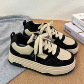 米黑低帮厚底增高女码 百搭学院系带港风休闲板鞋 时尚 青春潮流韩版