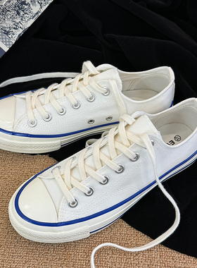 白蓝色低帮男女同款港风百搭休闲平底透气学院潮流复古新款帆布鞋