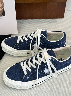 深蓝色低帮男女同款情侣款百搭时尚款潮流新款平底透气磨砂休闲鞋