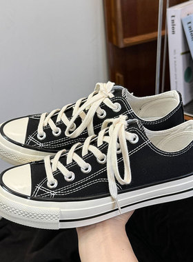 黑色低帮复古系带港风平底休闲百搭ulzzang学院情侣时尚潮帆布鞋