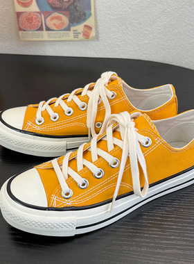 姜黄色情侣低帮百搭学院韩版ulzzang男女同款日常港风休闲帆布鞋
