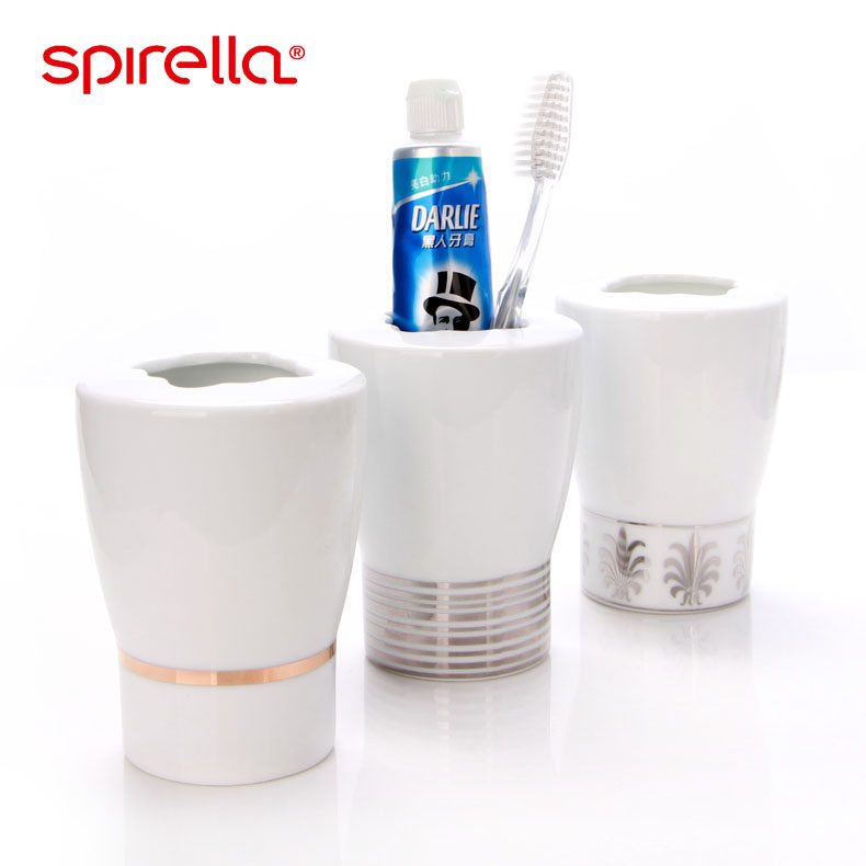 SPIRELLA/丝普瑞创意浴室套装瑞士瓷金条纹陶瓷牙刷架欧式牙具座