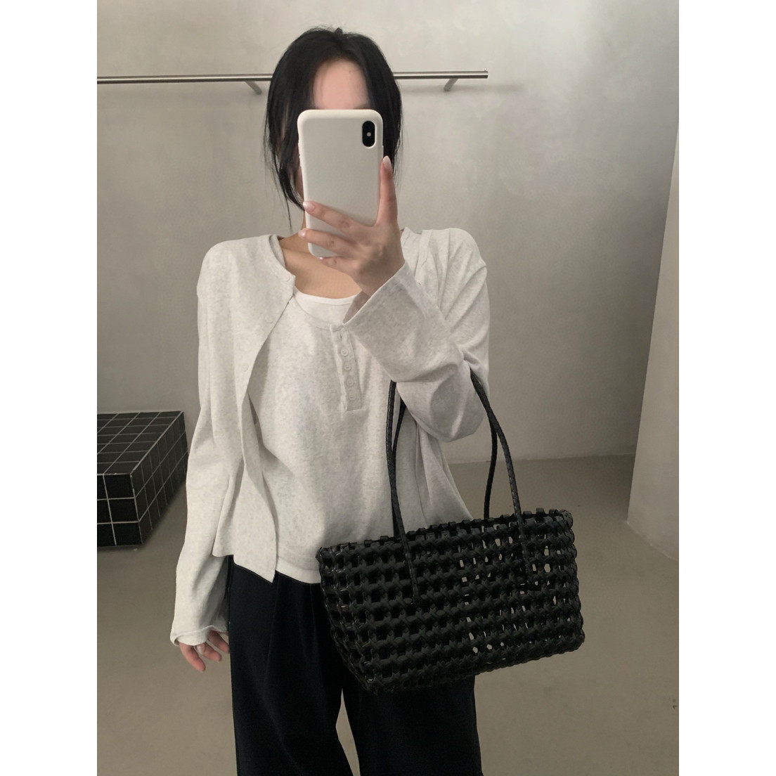 H-XL韩系显瘦气质感圆领休闲百搭针织开衫+条纹内搭背心套装女春