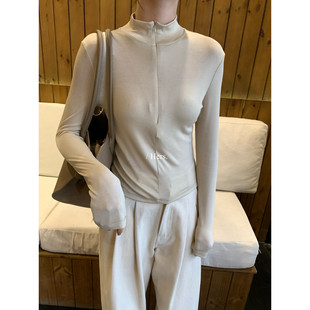 Hers韩系简约通勤修身 T恤上衣女2026春夏 百搭显瘦休闲半拉链长袖