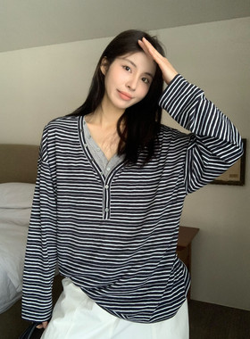 KITTIN韩系时尚设计感简约复古条纹假两件显瘦莱赛尔v领小衫女春
