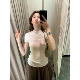 Hers韩系简约百搭修身 T恤上衣女夏 休闲宽松常规纯色圆领小众短袖