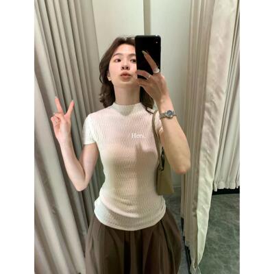 Hers韩系简约百搭修身休闲宽松常规纯色圆领小众短袖T恤上衣女夏