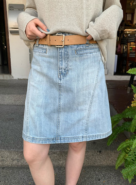 KITTIN韩系复古设计感爆款高腰显瘦休闲水洗牛仔裙女春季(配腰带)