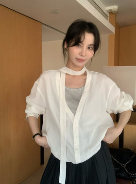 KITTIN韩系简约氛围感假两件条纹拼接莱赛尔亚麻小衫宽松上衣女春