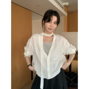 KITTIN韩系简约氛围感假两件条纹拼接莱赛尔亚麻小衫宽松上衣女春