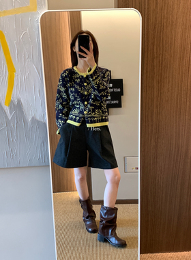 Hers简约时尚百搭舒适圆领撞色针织纹理慵懒风毛衣女秋冬季新款