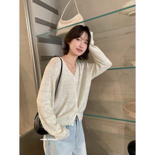 IMISS韩版时尚显瘦潮流休闲宽松V领舒适亚麻针织开衫外套上衣女春