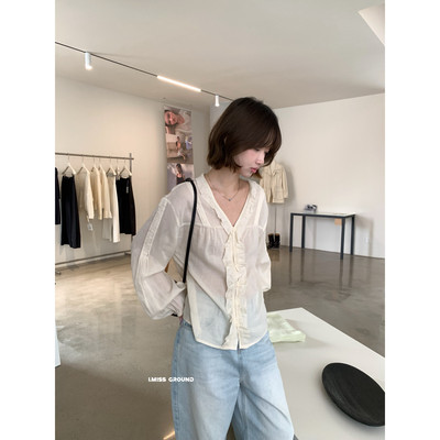 IMISS韩系气质通勤显瘦百搭休闲宽松型甜美V领花边天丝麻小衫女春