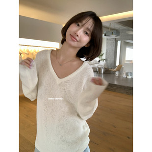 IMISS韩标简约时尚气质休闲减龄慵懒V领宽松长袖针织衫上衣女装