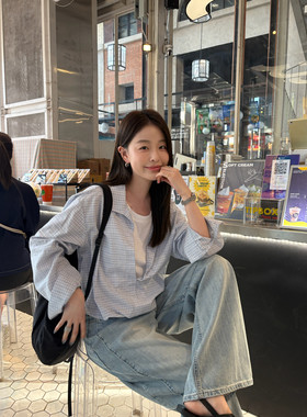 KITTIN韩系时尚叠穿气质设计感百搭条纹V领休闲宽松衬衫上衣女春