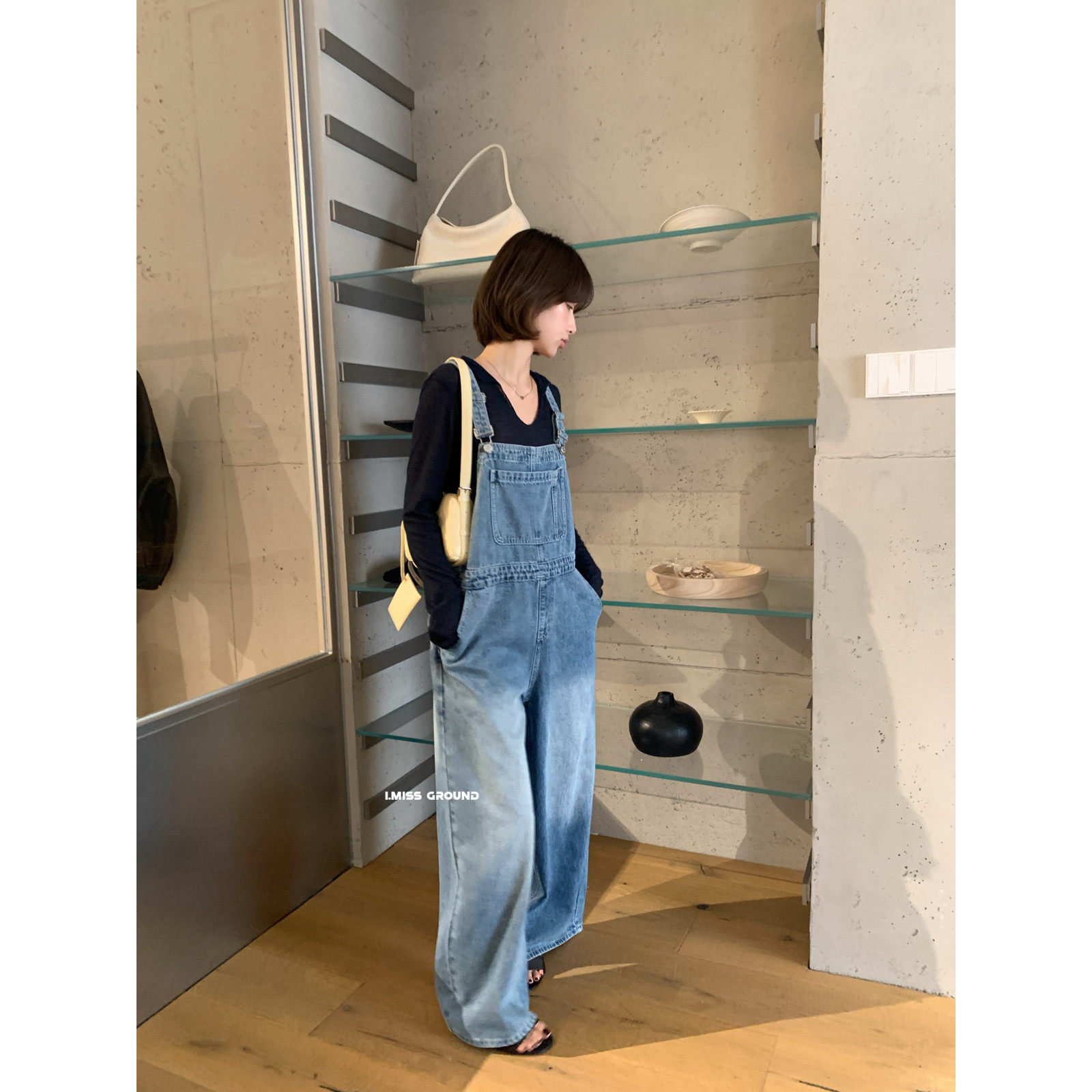 IMISS韩版日常简约宽松型休闲百搭款直筒显瘦牛仔背带裤女装