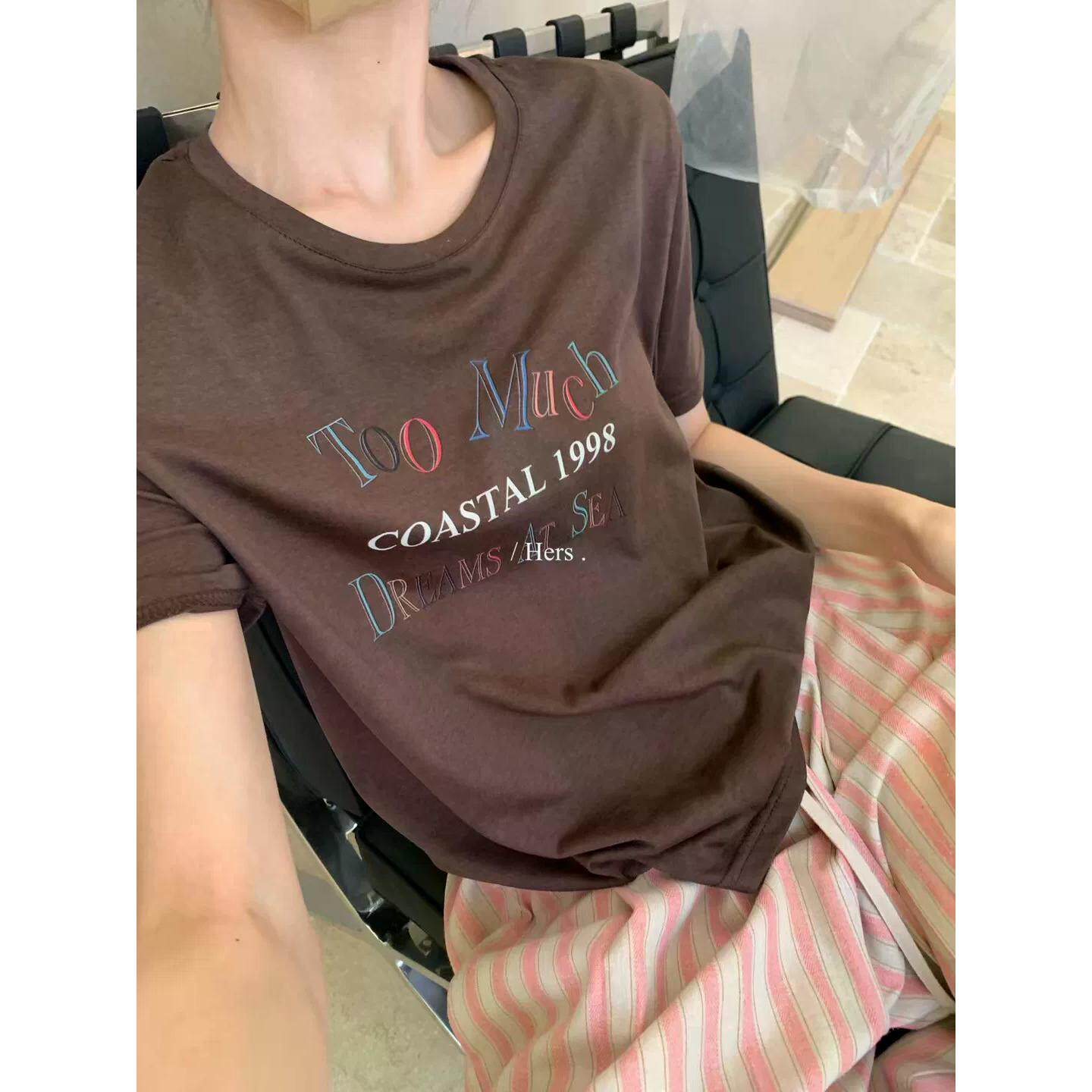 Hers夏季简约设计感字母印花宽松轻薄休闲白色圆领T恤短袖上衣女