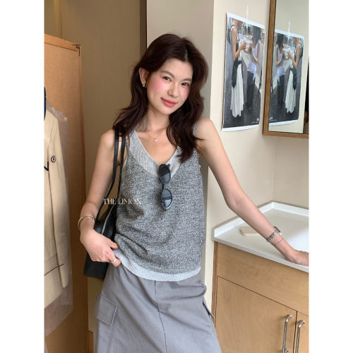 THE LIMON柠檬绿茶2026年夏季韩系简单V领背心叠穿吊带两件套女