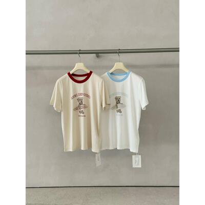 XHM韩系简约撞色圆领休闲百搭宽松卡通印花百搭通勤风短袖T恤女夏