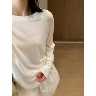 Hers韩系简约套头圆领日常休闲舒适纯色宽松插肩袖 T恤上衣女 长袖